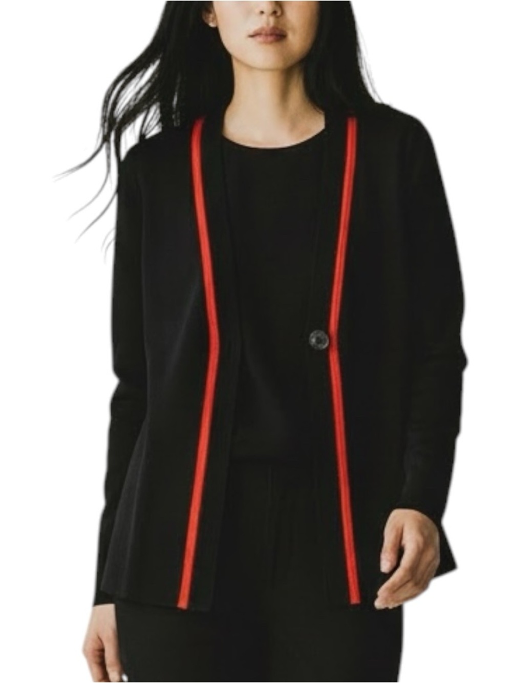 EXCLUSIVELY MISOOK Cardigan Sweater in Navy w/ Red Trim Size PETITE Medium